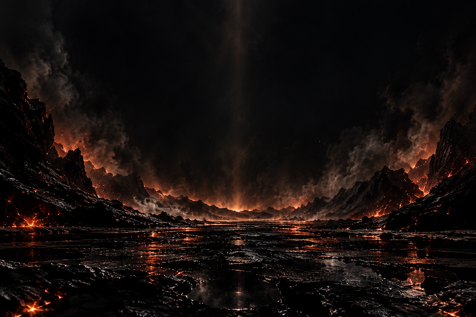 A dark volcanic valley with glowing embers along the horizon.